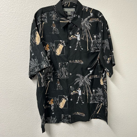 Tori Richard 100% Silk Hawaiian Textured Shirt Golfer Palm Trees Size Large - Picture 2 of 6